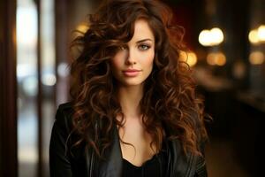 magnifique femme avec longue frisé cheveux dans noir cuir veste génératif ai photo