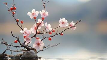 Cerise fleurs sur une Roche dans le l'eau génératif ai photo