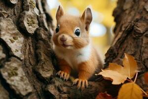 mignonne peu rouge écureuil dans une arbre avec l'automne feuilles génératif ai photo