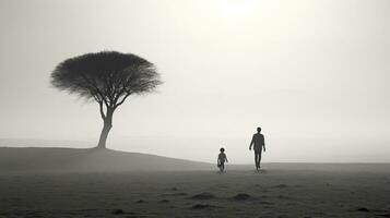 silhouette de une homme et enfant en marchant dans une brumeux champ génératif ai photo