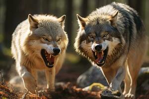 deux gris les loups dans le les bois avec leur bouches ouvert génératif ai photo