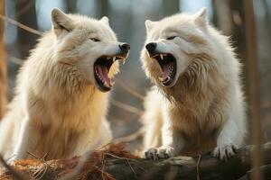 deux blanc les loups avec leur bouches ouvert dans le les bois génératif ai photo