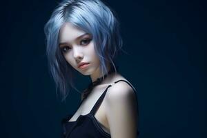 une magnifique Jeune femme avec bleu cheveux génératif ai photo