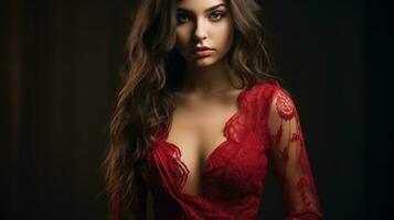 magnifique Jeune femme dans rouge robe posant pour le caméra photo