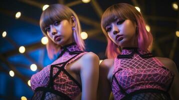 deux asiatique femmes avec rose cheveux permanent suivant à chaque autre photo