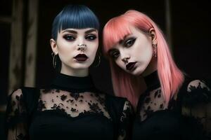 deux Goth les filles avec rose cheveux et piercings génératif ai photo