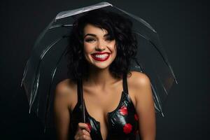 une femme dans une noir robe et rouge rouge à lèvres est en portant un parapluie génératif ai photo