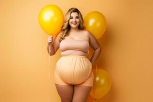 Enceinte femme avec Jaune des ballons sur Orange Contexte génératif ai photo