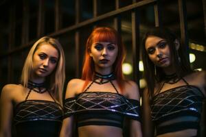 Trois Jeune femmes dans noir tenues permanent dans de face de bars génératif ai photo