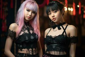 deux asiatique femmes habillé dans noir et rose génératif ai photo