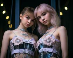deux asiatique femmes habillé dans lingerie permanent suivant à chaque autre génératif ai photo