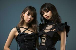 deux asiatique femmes dans noir corsets posant pour le caméra génératif ai photo