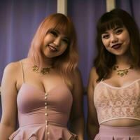 deux asiatique femmes dans rose Robes posant pour le caméra génératif ai photo