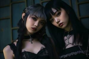 deux asiatique femmes dans gothique Vêtements posant pour le caméra génératif ai photo