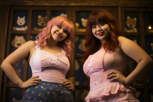 deux asiatique femmes dans rose tenues posant pour le caméra génératif ai photo