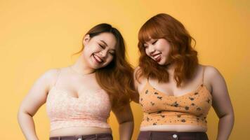 deux asiatique femmes posant pour le caméra sur une Jaune Contexte génératif ai photo