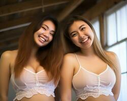 deux asiatique femmes posant pour le caméra génératif ai photo