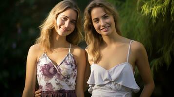 deux magnifique Jeune femmes posant pour le caméra génératif ai photo
