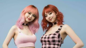 deux les filles avec rose cheveux posant pour le caméra génératif ai photo