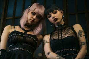 deux Goth les filles avec tatouages et piercings posant pour le caméra génératif ai photo