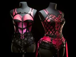 deux mannequins avec rose et noir corsets génératif ai photo