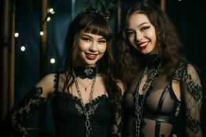 deux femmes dans noir lingerie posant pour le caméra génératif ai photo