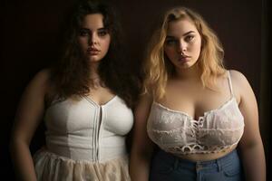 deux femmes dans blanc lingeries permanent suivant à chaque autre génératif ai photo