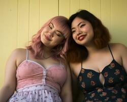 deux femmes avec rose cheveux séance sur une Jaune mur génératif ai photo