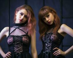deux Jeune femmes habillé dans gothique Vêtements posant pour le caméra génératif ai photo