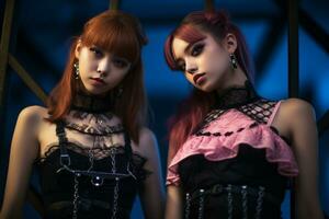 deux Jeune femmes habillé dans gothique Vêtements permanent suivant à chaque autre génératif ai photo