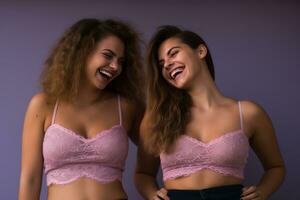 deux Jeune femmes dans rose bralettes en riant et souriant génératif ai photo