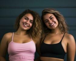 deux Jeune femmes dans des sports bras posant pour le caméra génératif ai photo