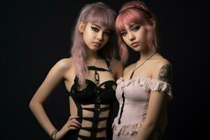 deux Jeune femmes avec rose cheveux posant pour le caméra photo