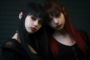 deux Jeune femmes avec longue noir cheveux et rouge cheveux génératif ai photo