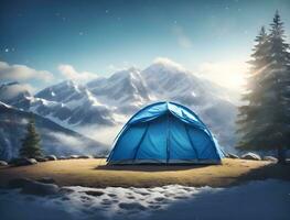 bleu camping tente sur le Haut de Montagne. ai généré photo