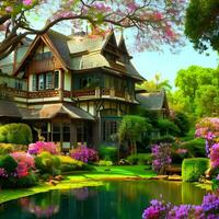 luxueux maison conception avec étang et fleur arbre ai génératif photo