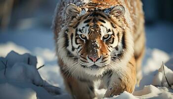 majestueux Bengale tigre en marchant dans neige, regarder avec tranquille yeux généré par ai photo