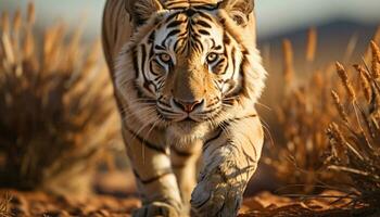 majestueux Bengale tigre en marchant dans le sauvage, regarder violemment généré par ai photo