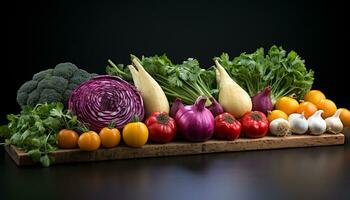 frais, en bonne santé des légumes tomate, oignon, carotte, chou-fleur, ail, concombre, cloche poivre, un radis, brocoli généré par ai photo