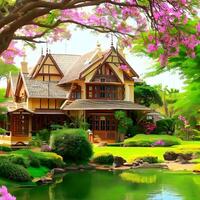 luxueux maison conception avec étang et fleur arbre ai génératif photo