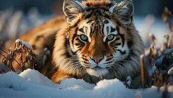 majestueux tigre en marchant dans neige, regarder à le coucher du soleil beauté généré par ai photo