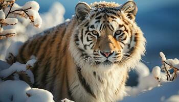 majestueux Bengale tigre en regardant, neige couvert forêt, tranquille région sauvage beauté généré par ai photo