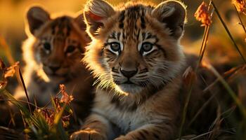 mignonne Jeune tigre cache dans herbe, regarder à caméra généré par ai photo