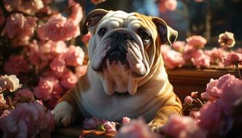 mignonne bouledogue chiot séance sur herbe, à la recherche à caméra généré par ai photo