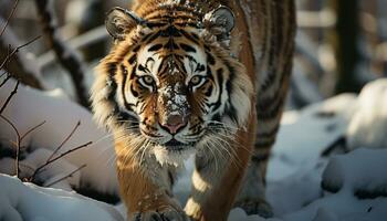 majestueux Bengale tigre en marchant dans neige, regarder avec agression généré par ai photo