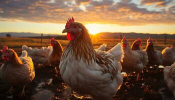 majestueux coq chant à le coucher du soleil sur biologique ferme généré par ai photo