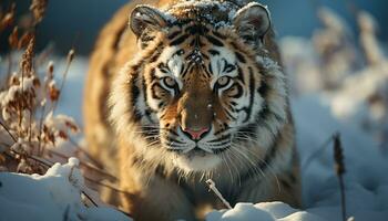 majestueux tigre regarde, féroce et beau, dans neigeux région sauvage généré par ai photo