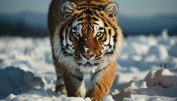 majestueux Bengale tigre en marchant dans du froid hiver région sauvage généré par ai photo