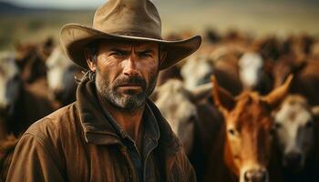 cow-boy agriculteur à la recherche à caméra, entouré par bétail sur ranch généré par ai photo