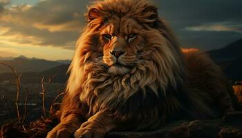 majestueux Lion repos, à la recherche à caméra, dans africain savane généré par ai photo